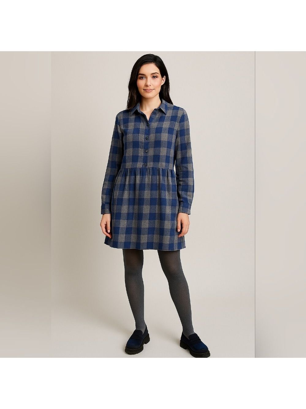 Jack Wills blue and gray buffalo plaid LS tiered cotton dress Sze 8 EUC Academia